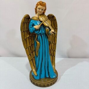 Hard Paper Mache Angel Blue And Gold 10” Tall Holding Violin Heavenly Music FLAW